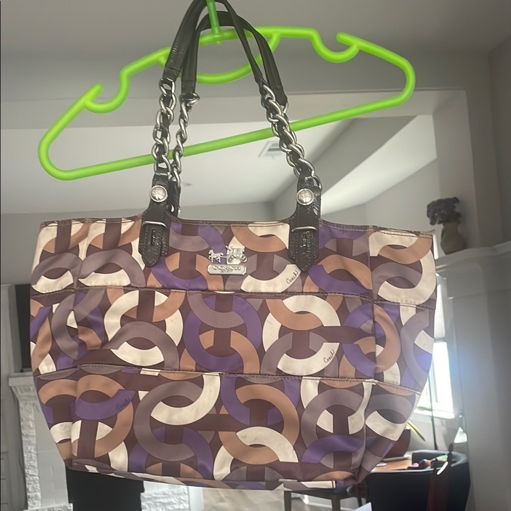 Coach Purple and Brown Tote Bag with Silver Chain Handles